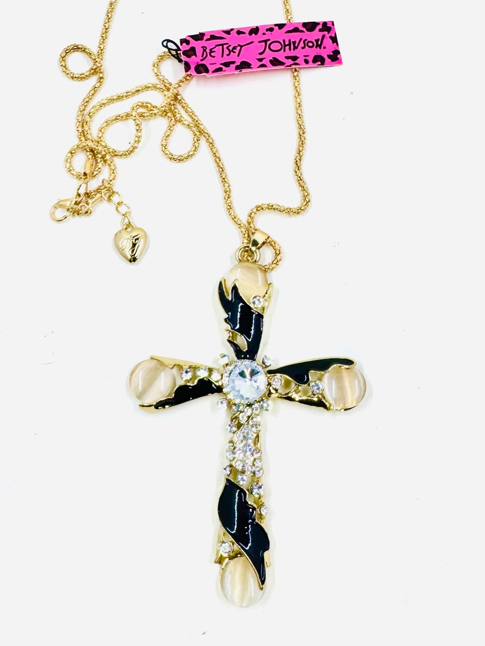 Betsey Johnson Gold Tone Black Enamel & Rhinestone Cross Pendant Necklace NWT